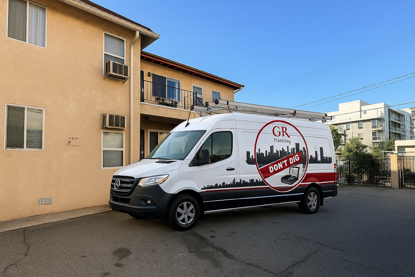 GR Plumbing 'Don't Dig' branded Mercedes Sprinter service van parked outside a Silver Lake apartment building